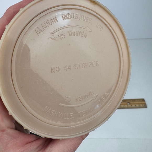 Vtg Aladdin Plastic Travel Thermos Tan Blue Pint Wide Mouth Decor Upcycle READ - Picture 10 of 11